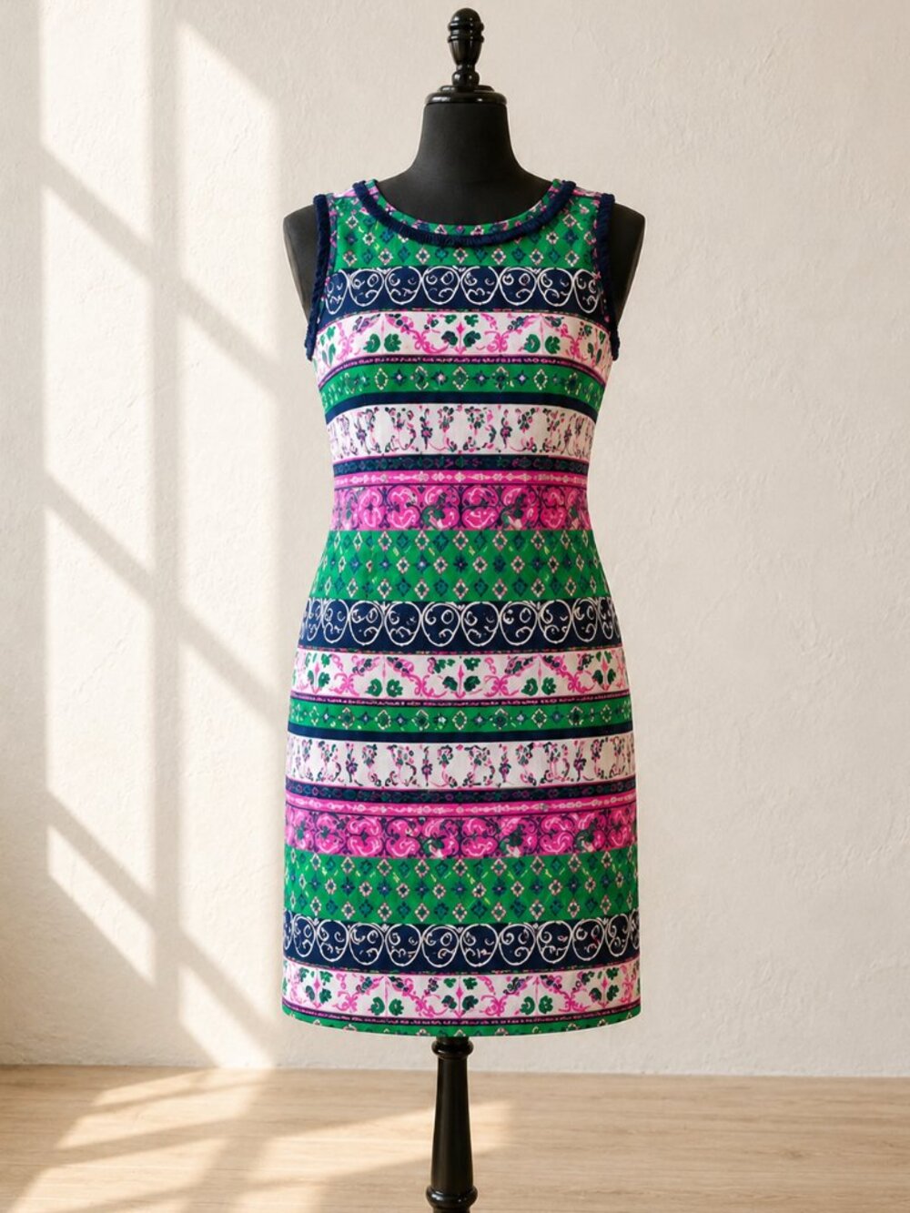 Talbots Floral Cotton Geometric Shift Dress Size 14 NWT Pink Green Fringe Trim
